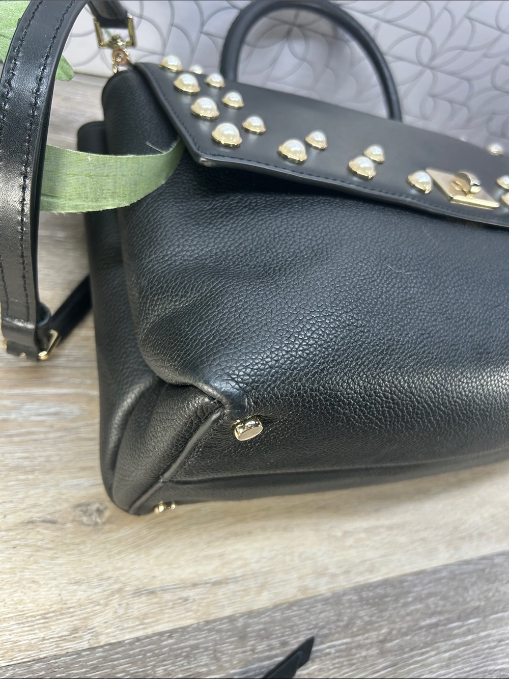 6552 kate spade Black Leather Satchel with Pearl Studs 270936552 - Picture 8 of 11